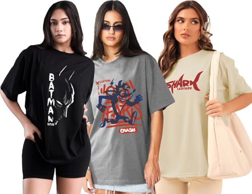 Image of LEOTUDE Women's Cotton Regular Fit Half Sleeve Oversized Tshirt, Round Neck Longline Drop Shoulder | ful Printed Combo T-Shirt (Pack Of 3)