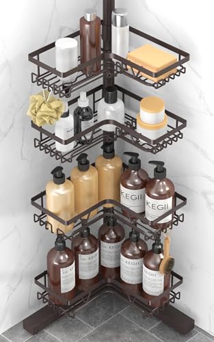 Image of KEGII Floor Corner Shower Caddy Standing, Rustproof 4-Tier Shower Shelf Organizer with Hooks & Soap Holder, Free-Standing Bathroom Storage Rack for Shampoo & Toiletries, Bronze