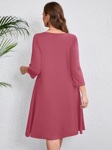 Image of AusLook Women's Plus Midi Dresses Crew Neck A Line 3 /4 Sleeves Casual Elegant Loose Wedding Vacation Dress with Pockets