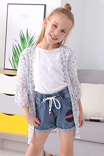 Image of GORLYA Girl's Floral Print Chiffon Beach Cardigan Cover ups Kids Casual Kimono Capes Swimsuit Wraps
