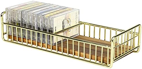 MyGift Retro Cassette Tape Storage Rack with Brass Tone Metal Wire Frame and Rustic Burnt Wood Base