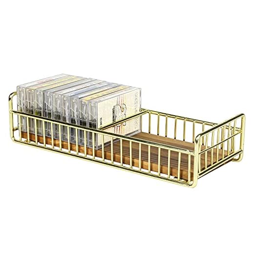 MyGift Retro Cassette Tape Storage Rack with Brass Tone Metal Wire Frame and Rustic Burnt Wood Base