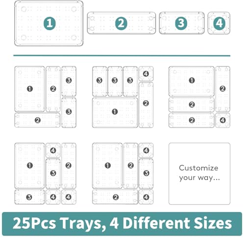 KAHEIGN 25Pcs Clear Plastic Drawer Organizer Set, 4 Size Versatile Makeup Tray Desk Drawer Divider Dresser Storage Bin Separation Box for Bathroom Office Bedroom Cosmetic Jewelries Gadgets - Image 5