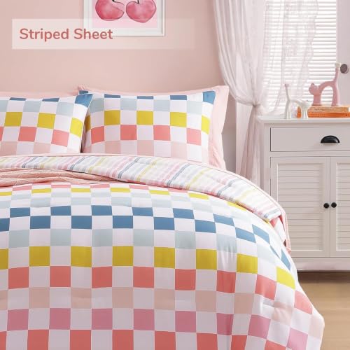 Image of Queen Comforter Set with Sheets for Girls-7 Pieces Soft Queen Bedding Sets | Bed in A Bag Colorful Checkered Printed Comforter with Pillowcases & Shams, 90 inch X 90 inch