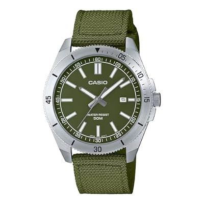 Casio Analog Watch MTP-B155C-3EV, Green Dial, Olive Nylon Strap, 50M Water Resistant, Date Display, Sport Style