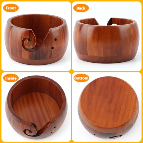 Image of Yarn Bowl Holder, Wooden Knitting Bowl with 6pcs Crochet Hooks, 50pcs Crochet Stitch Markers, Large Yarn Holder Dispenser for Mom & Knitting Lovers