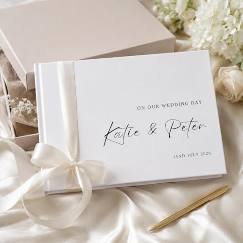 Libro de invitados de boda personalizado blanco recuerdos de firmas de compromiso grabados 5