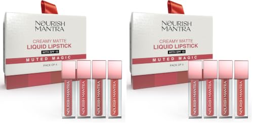 Image of Nourish Mantra Muted Magic Matte Liquid lipstick combo with SPF 15 Set of 4(1.2ml Each) | Mini Lipsticks| nudeshade lip stick | brown lipsticks | Water Proof | Smudge Proof | transfer Proof | Long Lasting| Suits all skin tones