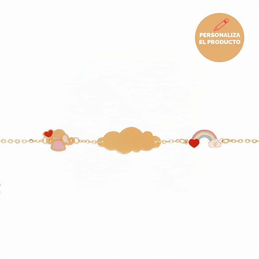 Sakrami Pulsera de Oro Grabable Ángel y Arco Iris para Niños Colección Infantil + Caja de Regalo Personalizada - Pulsera para Nacimientos Comuniones Bautizos Cumpleaños