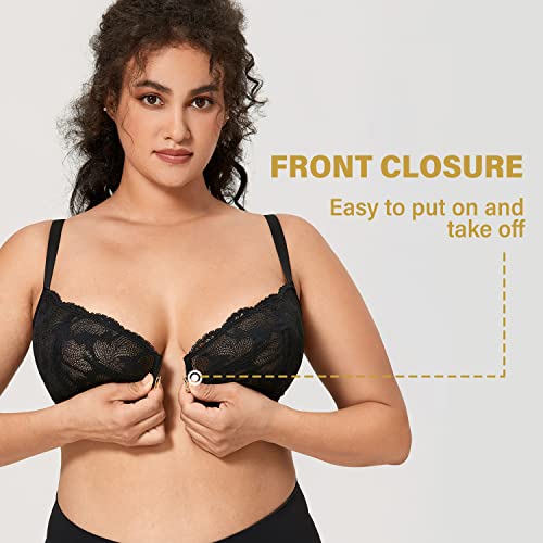 Delimira Women's Balconette Push Up Bra Front Closure Lace Sexy Underwire Bras Black 42C #TOP2