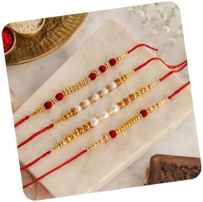 eCraftIndia Set of 4 Rakhi Combo Hamper | Red Golden & White Beads Pearl Diamond Designer Rakhis