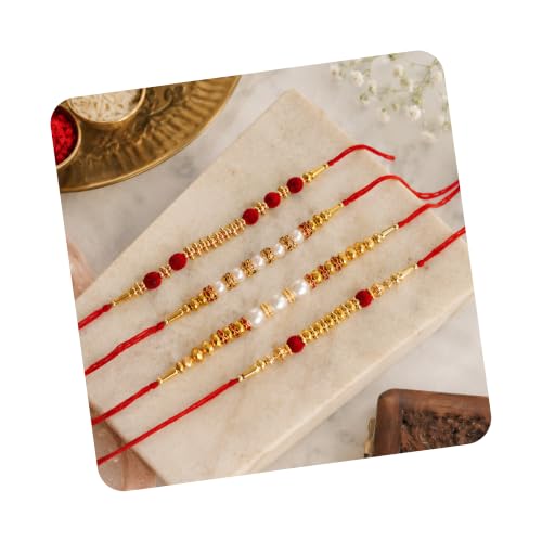 Image of eCraftIndia Set of 4 Rakhi Combo Hamper | Red Golden & White Beads Pearl Diamond Designer Rakhis