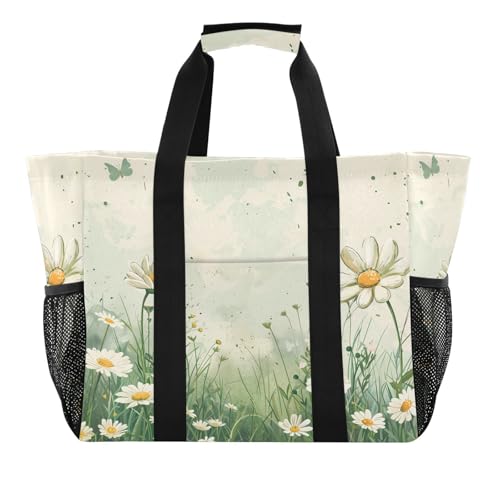 Vintage Spring Daisies Reusable Grocery Bags Large Tote Bag Waterproof Canvas Organizer for Beach Picnic Laundry Travel