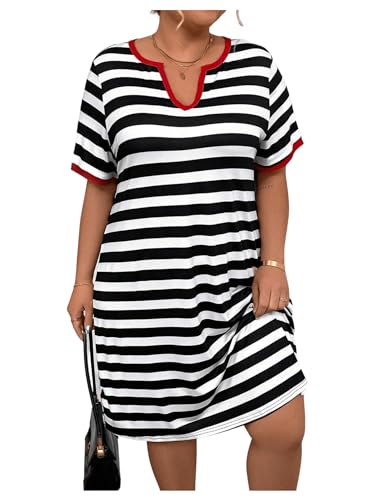 Image of Floerns Women's Plus Size Notched V Neck Stripe Short Sleeve Loose T Shirt Dress