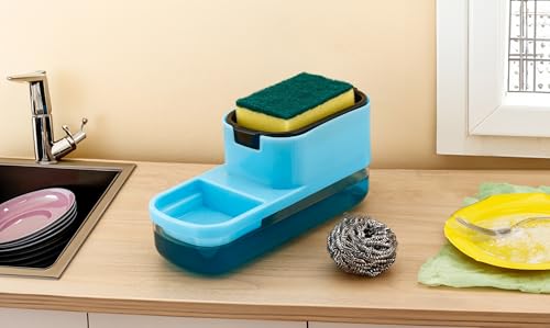 Image of MARKWELL Plastic Soap Dispenser for Sink | 2-in-1 Liquid Dishwash Dispenser with Sponge Holder & Steel Scrubber | Steel Scrubber | 3-in-1 soap Dispenser | Sink Organizer, Durable & Rustproof