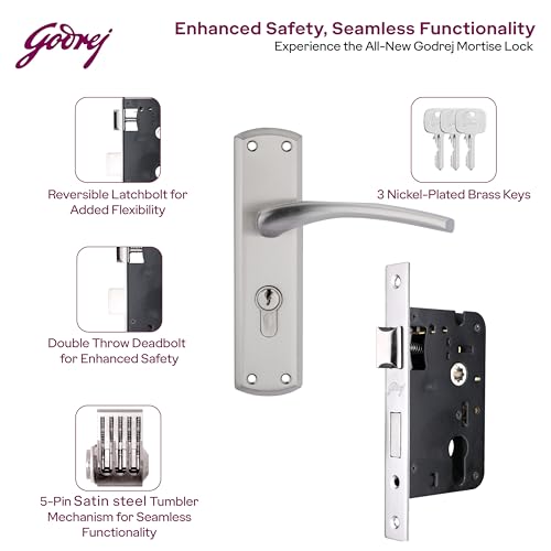 Image of Godrej Mortise Lock | BM 01 Handle Lock Set | 200mm Lockbody | Europrofile Cylinder 60mm Knob from Inside | for Home & Office | Satin Steel Finish | 3 Keys | Double-Throw Deadbolt | 1 Year Warranty