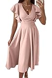 PRETTYGARDEN Summer Midi Dress 2025 Spring Ruffle Sleeve V Neck Cocktail Wedding Guest A Line Fit and Flared Dresses (Aprioct,Small) Apricot