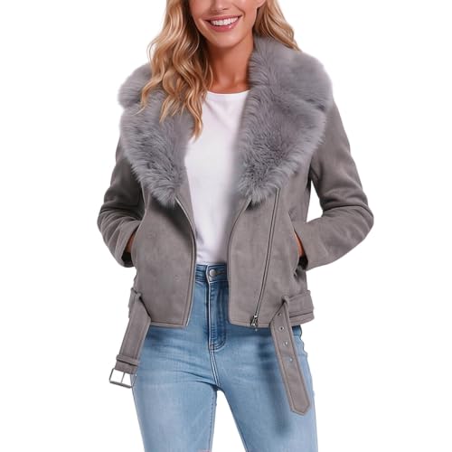 GOSEAGOTOFUN Womens Fleece Jacket Removable Faux Collar Coat Long Sleeve Zip Up Casual Jacket Fall Fashion Warm Cropped Coat Grey Small - image 2