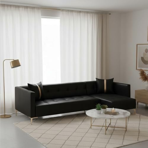 Image of FURNY Styliving 6 Seater Leatherette RHS L Shape Sofa Set (Black) Premium Finish with Comfort | Durable & Ideal for Living Room