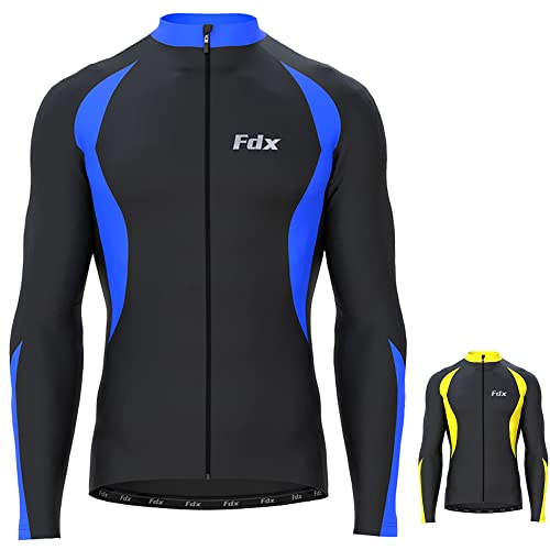 Amazon FDX Men’s Thermal Cycling Jersey, Water Resistant, Lightweight, Super Roubaix Fabric, Windproof Winter Cycle Top, Full Zipper, Long Sleeve Bicycle Riding Shirt, Running, Bike (Black/Blue, Medium) #ad
