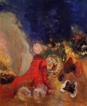 Peinture à l'huile de style Odilon Redon The Red Sphinx 1912 tableau 12x16 pouces