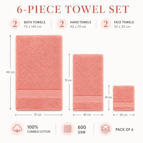 Image of Sulfar 100% Combed Cotton, 6 Pcs Towel Set - 2 Bath Towels (70 x 140 cm), 2 Hand Towels (40 x 70 cm) and 2 Face (30 x 30 cm) (600 GSM, Pack of 6) Coral Pink