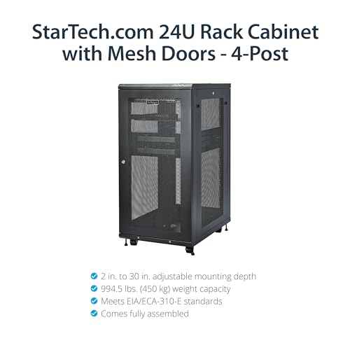 Image of StarTech 24U 4-Post Server Cabinet, 29in Deep, 992lb, Shelf (RK2433BKM) | 19in enclosed steel rack, Adjustable depth 1.8in-29in, Lockable mesh doors, Ships assembled, Casters, 450kg