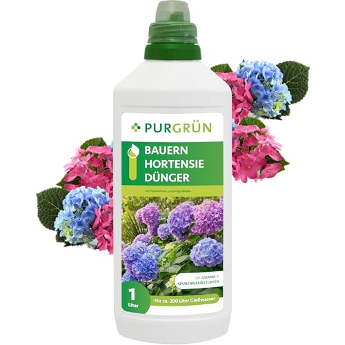 Purgrün® Bauernhortensie-Dünger 1 Liter – Organisch-mineralische Rezeptur – Premium-Flüssigdünger mit Spurennährstoffen – NPK 7+5+6 – Mit Guano für üppige Blüten & robuste Pflanzen