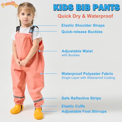 Fewlby Kids Rain Bib Pants, Toddlers Waterproof Suspender Dirty Proof Rain Wear3
