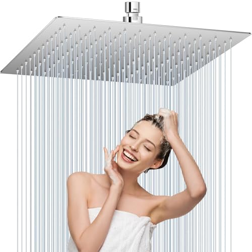 Moshiqgaol Tête de Douche Carré en Acier Inoxydable 30 x 30CM, Pommeau de Douche Haute Pression avec 144 Buses en Silicone Anti-Calcaire, Rotation 360°, Économiseur d'Eau, Installation Facile, Chrome