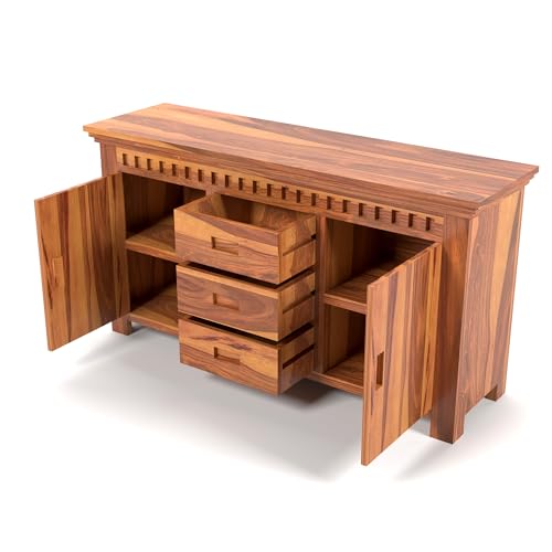 Image of Solid Sheesham Wood Wooden Sideboard Storage Cabinet & Chest of Drawer : Ideal for Living Room and Bedroom with 3 Drawers and 4-Shelf Storage(Carter,Honey Finish)