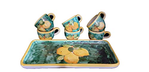 SERVIZIO 6 TAZZINE CAFFE’ CON LIMONI + VASSOIO (LUNGHEZZA CM. 27,50 LARGHEZZA CM. 13) IN CERAMICA DI VIETRI DIPINTI A MANO ARREDO COSTIERA AMALFITANA MADE IN ITALY