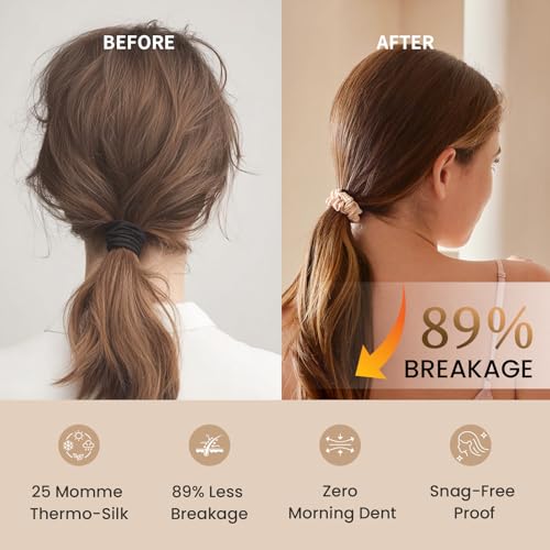 Image of THXSILK 100% Mulberry Silk Small Scrunchies 3-Pack, 25 Momme Low Profile Hair Ties for Fine Hair, Sleek No Damage Ponytail Holders for Everyday Use(Beige, Black, Grey)