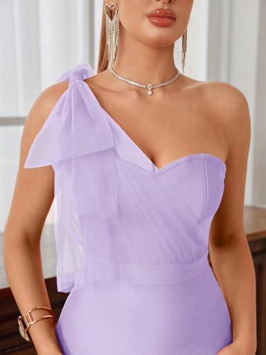 Image of Mesh One Shoulder Bow Midi Dress Fishtail Bandage Cocktail Party Wedding Bridesmaid Evening Gown