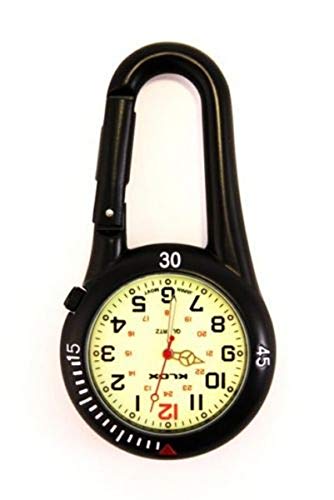 Taschenuhr mit Karabiner und Zifferblatt mit Leuchtmasse, ideal für Ärzte, Krankenschwestern und Rettungsassistenten, Batterie extra, Schwarz
