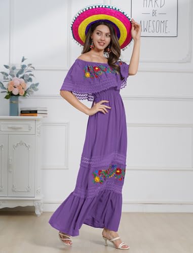 Image of ABEHIK Mexican Dress for Women Traditional Off Shoulder Embroidered Present Casual Lace Long Maxi Dress Cinco de Mayo Outfit