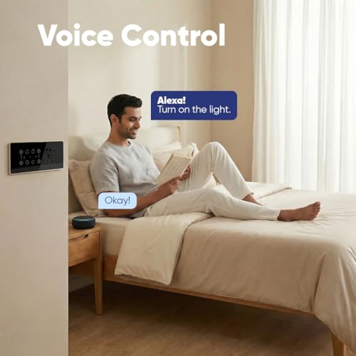 Image of AZIOT Smart Premium Toughened Glass Touch Switch Panel | Elevate 8 Module (4 Switch + 2 Fan + Socket) | WiFi + BLE | No Hub Required | Compatible with Alexa, Google Assistant & Siri | Black