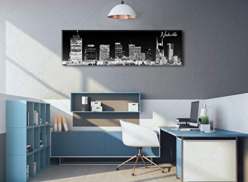 Image of Nashville Skyline Wall Art Panoramic City Landscape Picture 13.8 inchX47.3 inch | Canvas Modern Artwork Black and White Painting for Living Room Bedroom Decor Skyscraper Poster Giclee Print Home Decorations