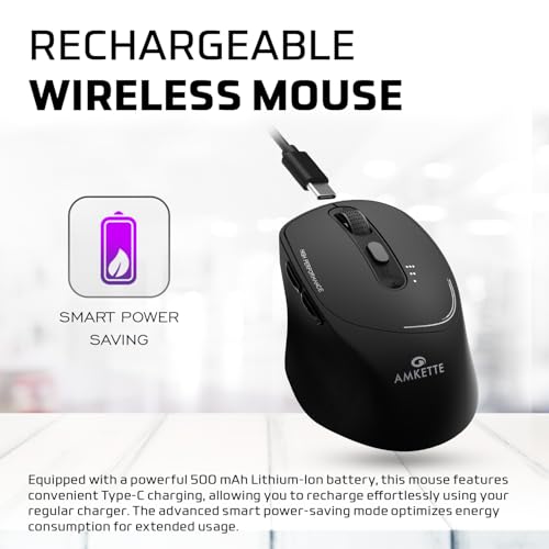 Image of Amkette Hush Pro Epic Rechargeable Wireless Mouse /Bluetooth Mouse | 3 Device Connectivity (2xBT&2.4G)| 2400 DPI |Silent Switches| Premium Ergonomic Design Type C Charging | Black