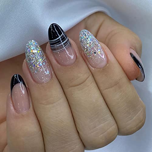 Babalal Almond Press On Nails Medium Fake Nails Black French Glue On Nails Stiletto Acrylic Nails 24Pcs Shiny Nails With Design False Nails Press On #TOP13