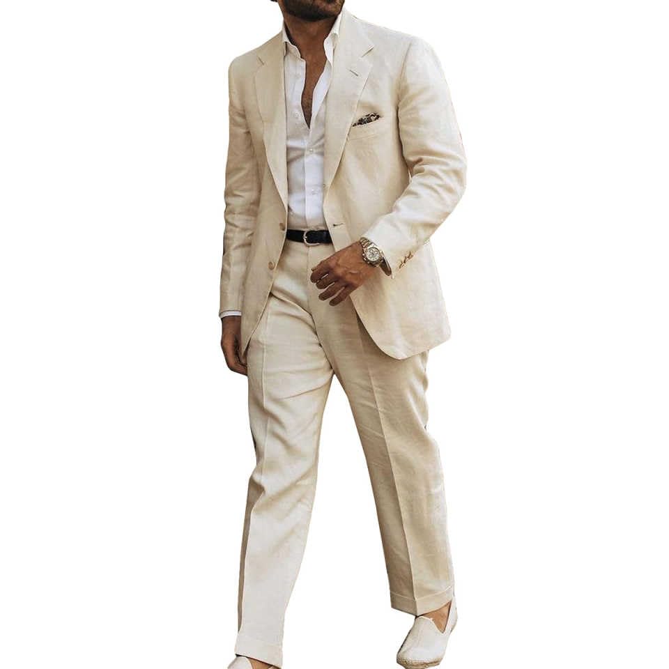 Men's 2-Piece Linen Suit, Notched Lapel, Single Breasted, Beige, Summer Wedding Formal Wear