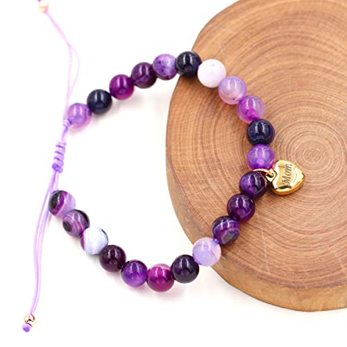 Image of Uloveido Natural Stone Mom Heart Charms Beaded Bracelets for Mum from Son or Daughter With Massage Card and Box | Mothers Day Jewelry Gifts