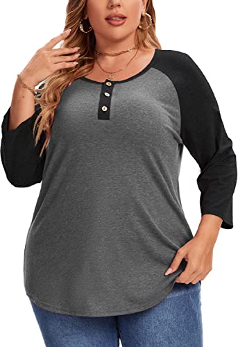 Image of Plus Size Tops for Women 3/4 Sleeve Shirts Crewneck Color Block Blouse Casual Henley Tops GaryChest 3XL