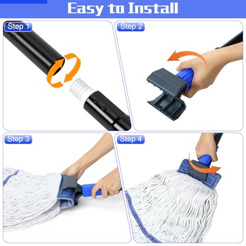 BUVE Commercial Heavy Duty Industrial Cotton Mop with Long Handle for Floor Cleaning, Looped-End String Wet Mop for Home, Garage, Office, Workshop, Warehouse
