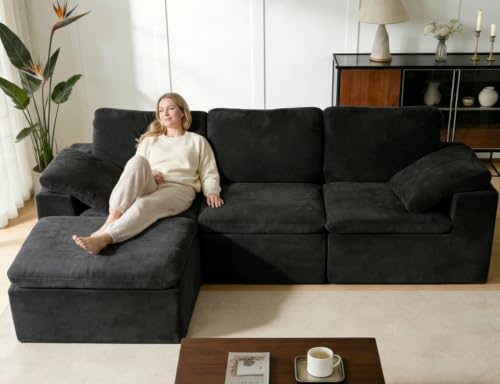 Image of ANONER 108 inch Sectional Cloud Couches for Living Room, Oversized Boneless Modular Sofa, Deep Seats Couch with Ottoman, Convertible, No Assembly, Comfy Chenille Cloud Sofa, Dark Grey