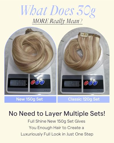 Image of Full Shine Clip in Hair Extensions Real Human Hair, 20 Inch 150g 7Pcs | Thick Hair Extensions for Women, Ash Blonde Highlighted Blonde Straight Natural Straight Hair, Office to Weekend Looks