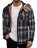 Herberton Men Designer Regular Fit Jacket Fall New Coat Flannel Hooded Button Corduroy Warm Fluff Longsleeve Fashion Sherpa Lined Retro Vintage Outdoor Hoodie Navy - Plaid S