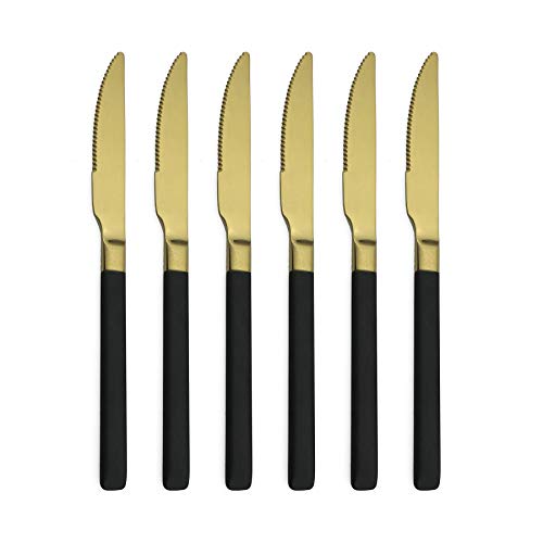 BRIIEC 6 Pieces Matte Black and Gold Serrated Steak Knife Set, 18/10 Stainless Steel Flatware Set