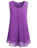 Cestyle Women Sleeveless Shirts, Juniors Flowy Crepe Button Cool Soft Crew Neck Pleated Drape Chiffon Blouse Tank Top Purple L