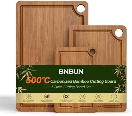 Bamboo Cutting Board for Kitchen, Wooden Cutting Board 3-Piece Set with Non-Slip Mat Deep Juice Groove and Built-In Handles, Wood Cutting Board for Meat Vegetables Fruit Ideal Gift for the Home